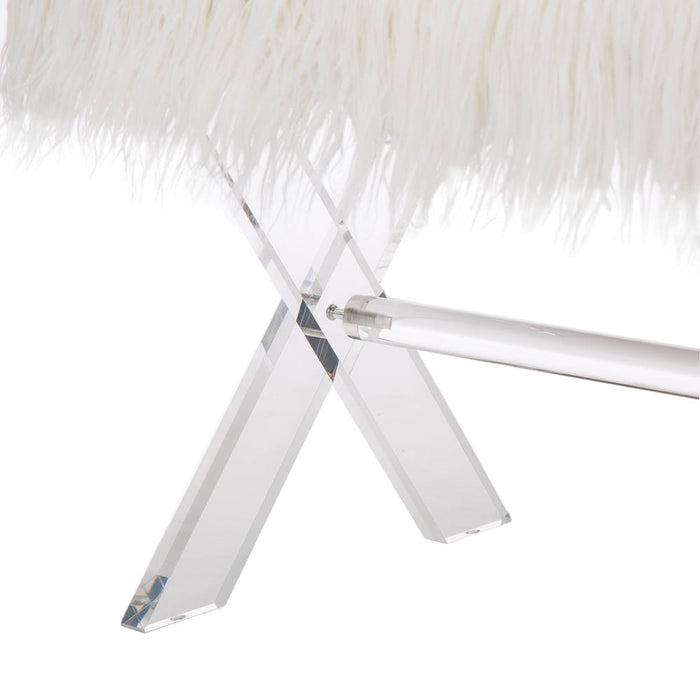 25.6"L White and Clear Faux Fur Upholstered Bench with Acrylic X-Leg