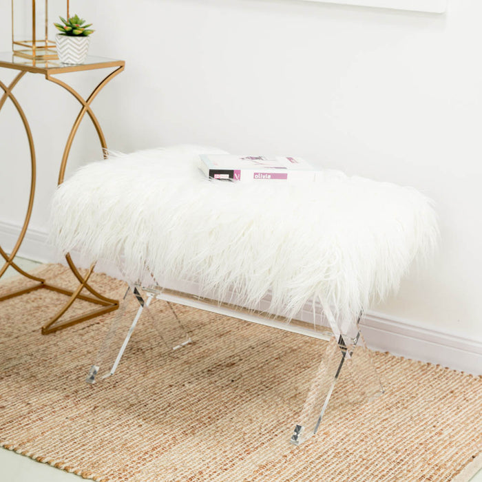 25.6"L White and Clear Faux Fur Upholstered Bench with Acrylic X-Leg