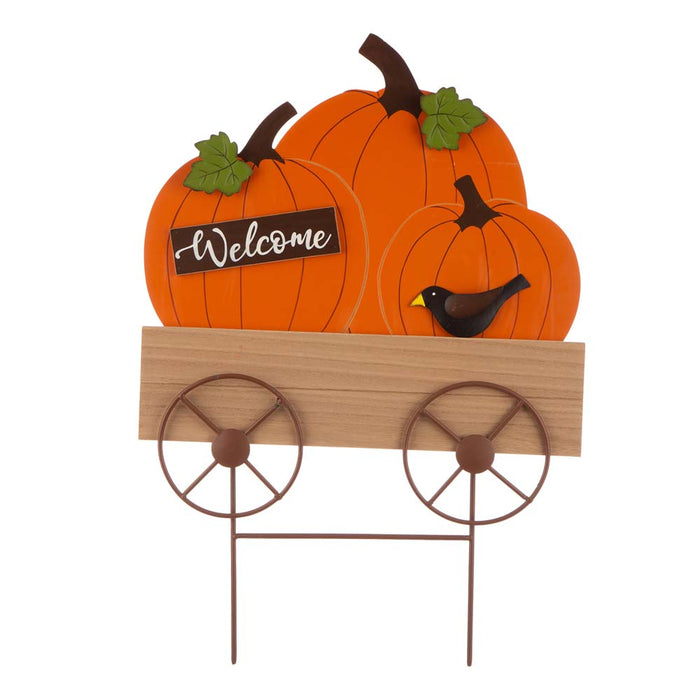 26.38"H Fall Metal/Wooden Pumpkin Cart Yard Stake/Hanging Decor
