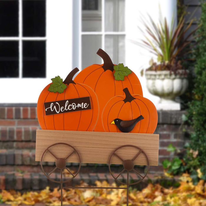 26.38"H Fall Metal/Wooden Pumpkin Cart Yard Stake/Hanging Decor