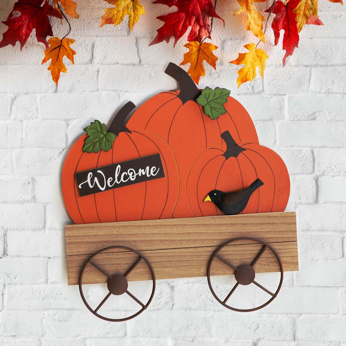 26.38"H Fall Metal/Wooden Pumpkin Cart Yard Stake/Hanging Decor
