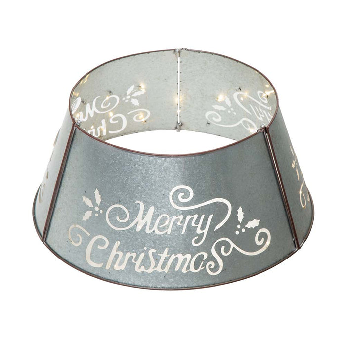 26"D Galvanized "Merry Christmas" Cutout Metal Tree Collar with Light String