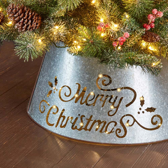 26"D Galvanized "Merry Christmas" Cutout Metal Tree Collar with Light String