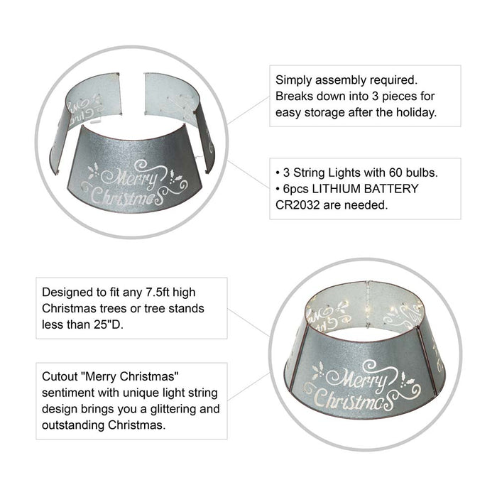 26"D Galvanized "Merry Christmas" Cutout Metal Tree Collar with Light String