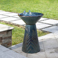 27.5"H Turquoise Two Birds Embossed Plant Pattern Pedestal Ceramic Fountain with Pump and LED Light