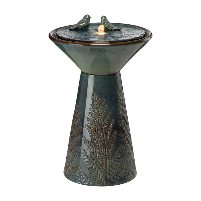 27.5"H Turquoise Two Birds Embossed Plant Pattern Pedestal Ceramic Fountain with Pump and LED Light