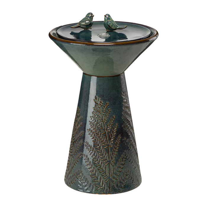 27.5"H Turquoise Two Birds Embossed Plant Pattern Pedestal Ceramic Fountain with Pump and LED Light