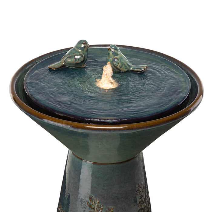 27.5"H Turquoise Two Birds Embossed Plant Pattern Pedestal Ceramic Fountain with Pump and LED Light