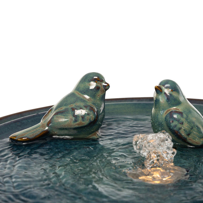 27.5"H Turquoise Two Birds Embossed Plant Pattern Pedestal Ceramic Fountain with Pump and LED Light
