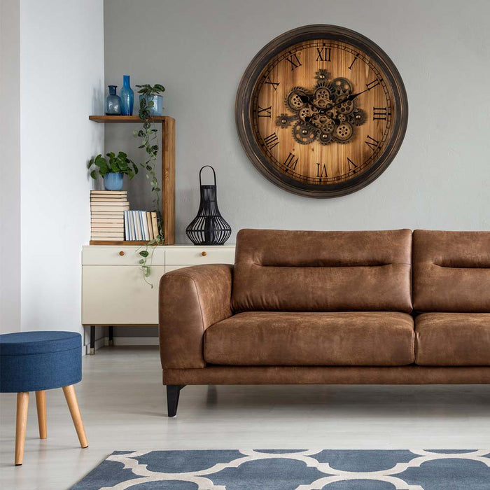 27.76"D Vintage Industrial Oversized Wooden/Metal Wall Clock with Moving Gears