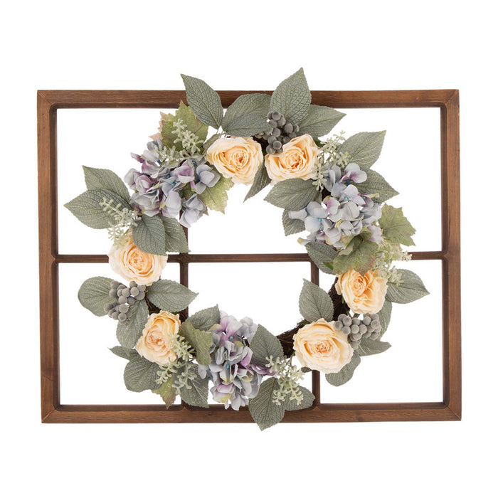 28"H Wooden Window Frame with 22"D Hydrangea Rose Wreath