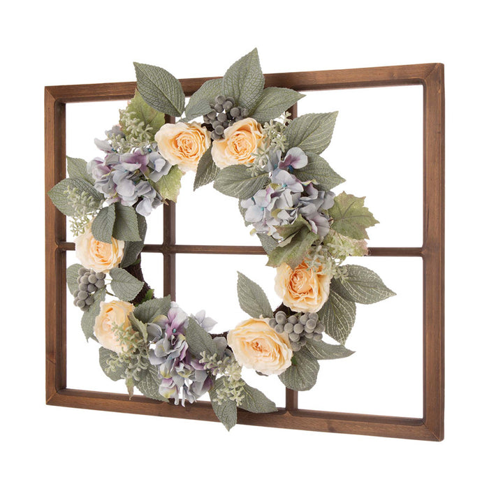 28"H Wooden Window Frame with 22"D Hydrangea Rose Wreath