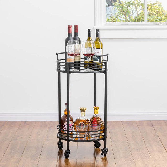 29.5"H Black Deluxe 2-Tier Metal Round Mirrored Bar Cart
