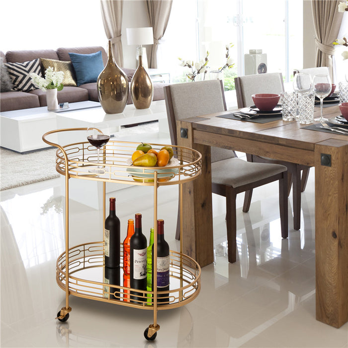 30.75"H 2-Tier Gold Deluxe Metal Oval Mirrored Bar Cart