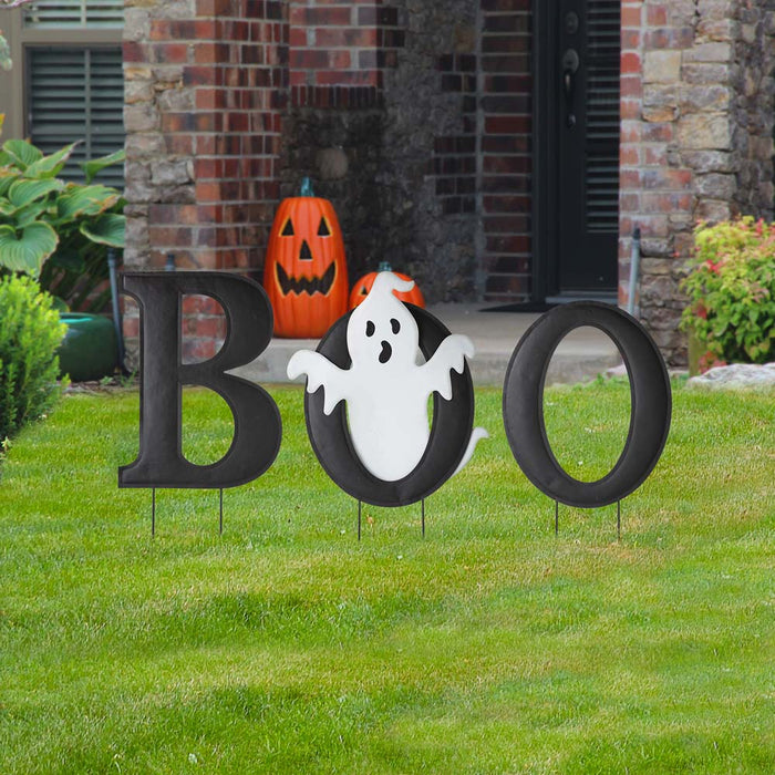 30"H Halloween Metal Ghost BOO Yard Stake or Hanging Decor, Set of 3 (Two Functions)