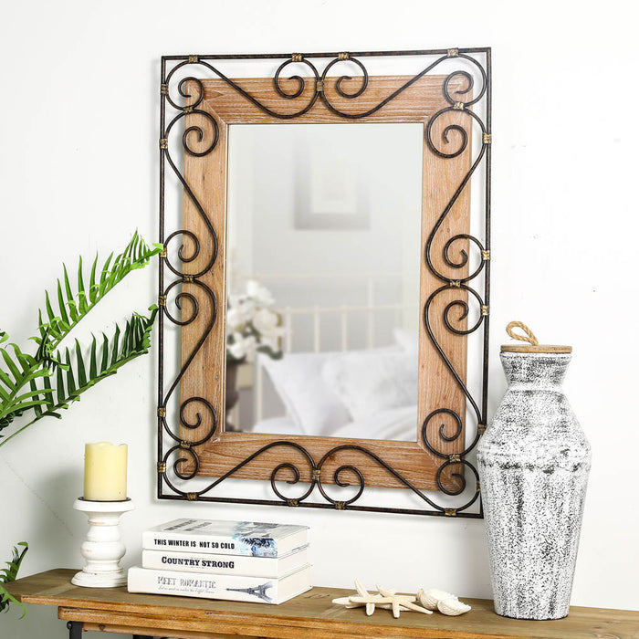 31"H Traditional Rectangle Wooden And Metal Scroll Wall Mirror