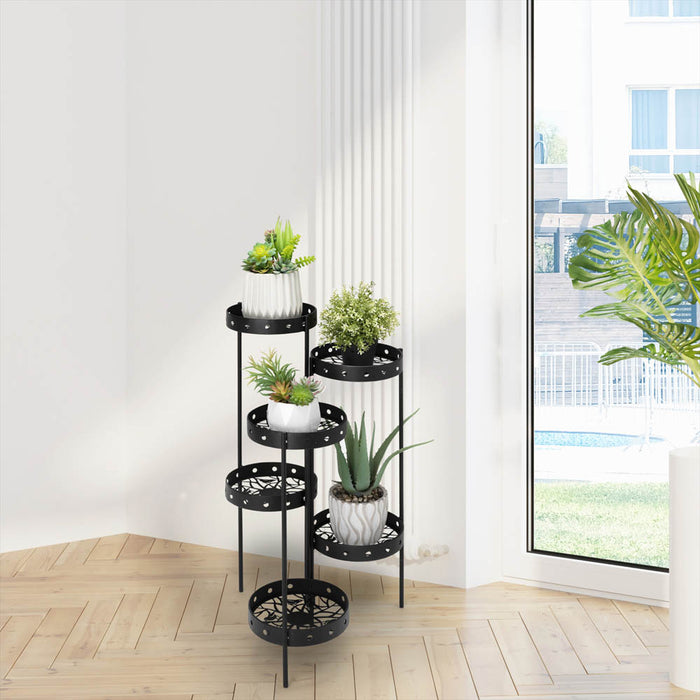 32"H Foldable 6-Tiered Round Black Metal Plant Stand