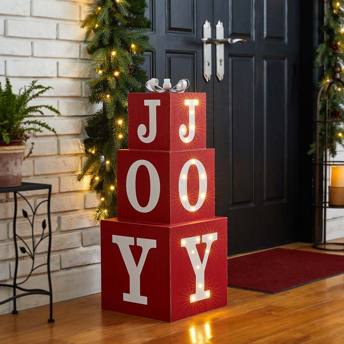 32"H Lighted Wooden Stacked Block "JOY" Porch Sign Boxes