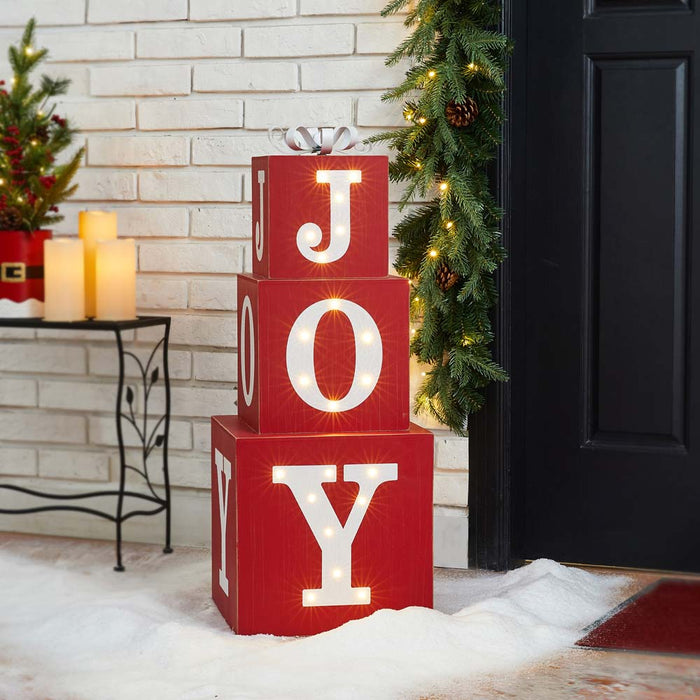 32"H Lighted Wooden Stacked Block "JOY" Porch Sign Boxes