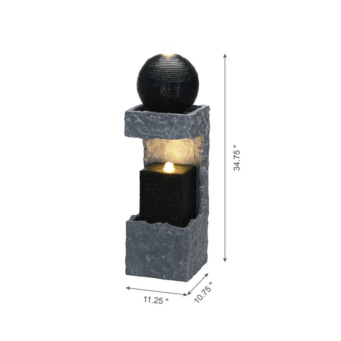 34.75"H Modern Black and Grey Contrast Geometric Outdoor Fountain with LED Light and Pump