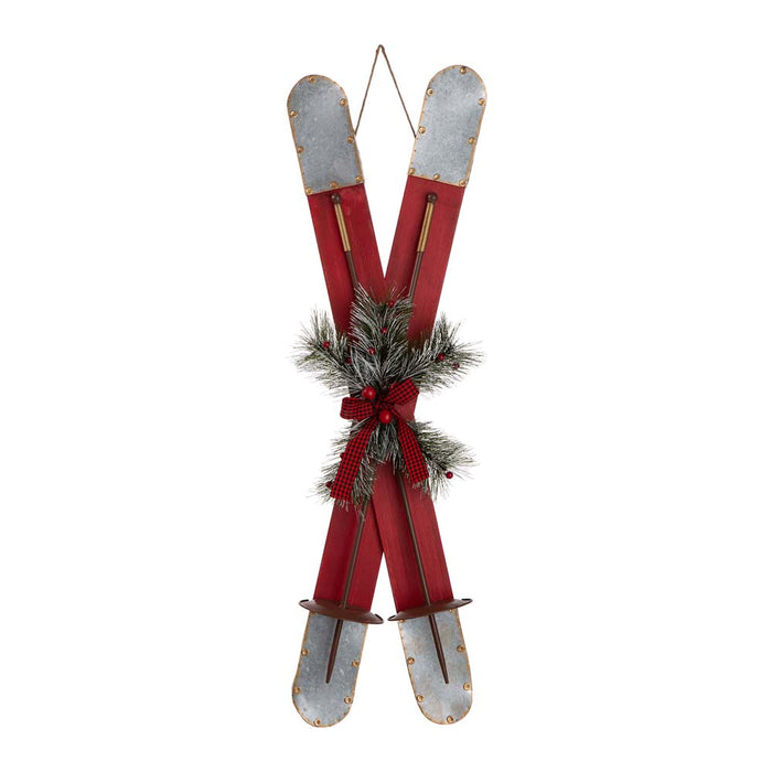 35"H Red Christmas Wooden/Galvanized Ski Décor