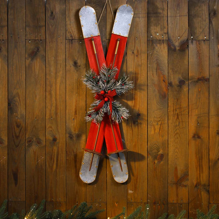 35"H Red Christmas Wooden/Galvanized Ski Décor