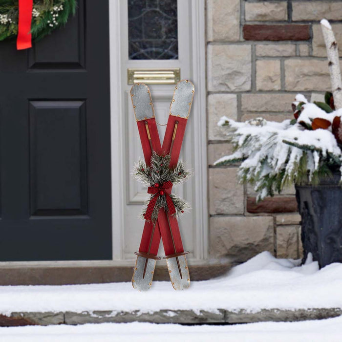 35"H Red Christmas Wooden/Galvanized Ski Décor
