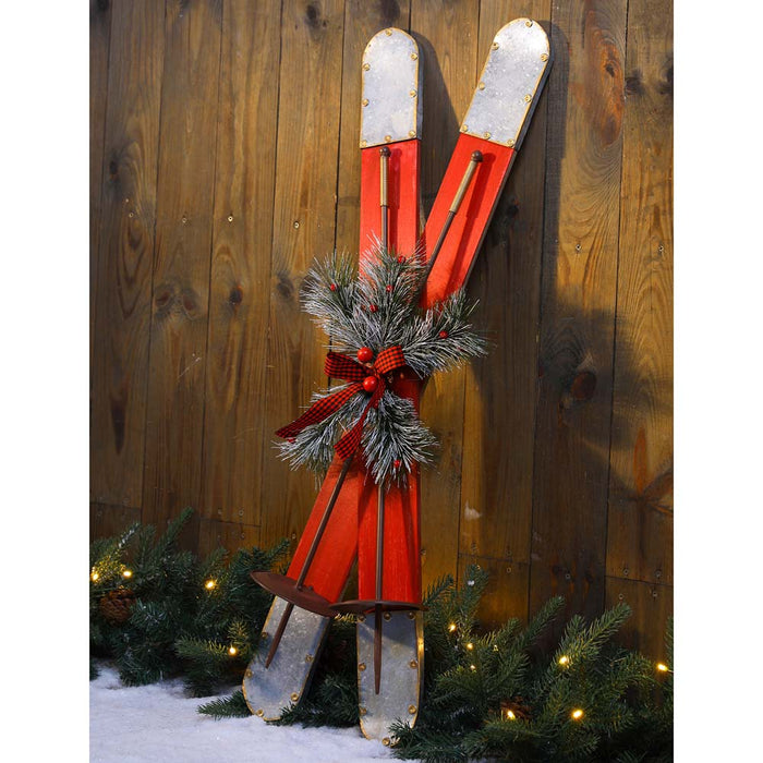 35"H Red Christmas Wooden/Galvanized Ski Décor
