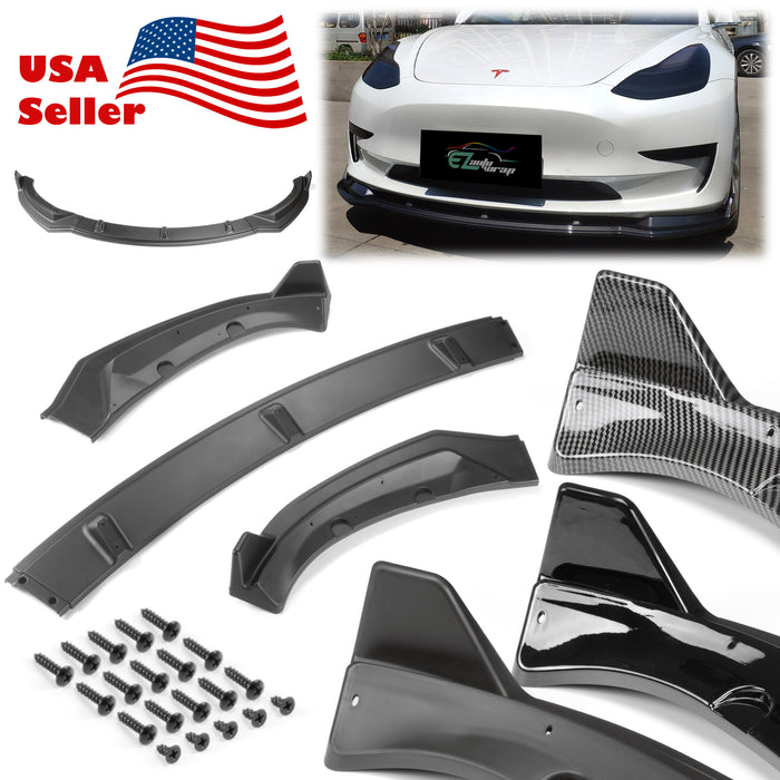 3pcs Front Bumper Lip for Tesla Model3 2018-2020 PC-89664 (Carbon Fiber Textured Black / Gloss Black / Matte Black)