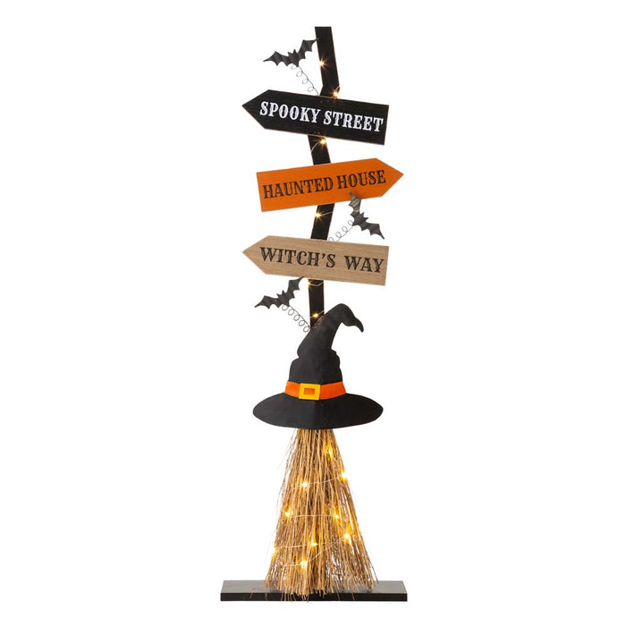 42"H Lighted Wooden Witch's Broom Porch Decor