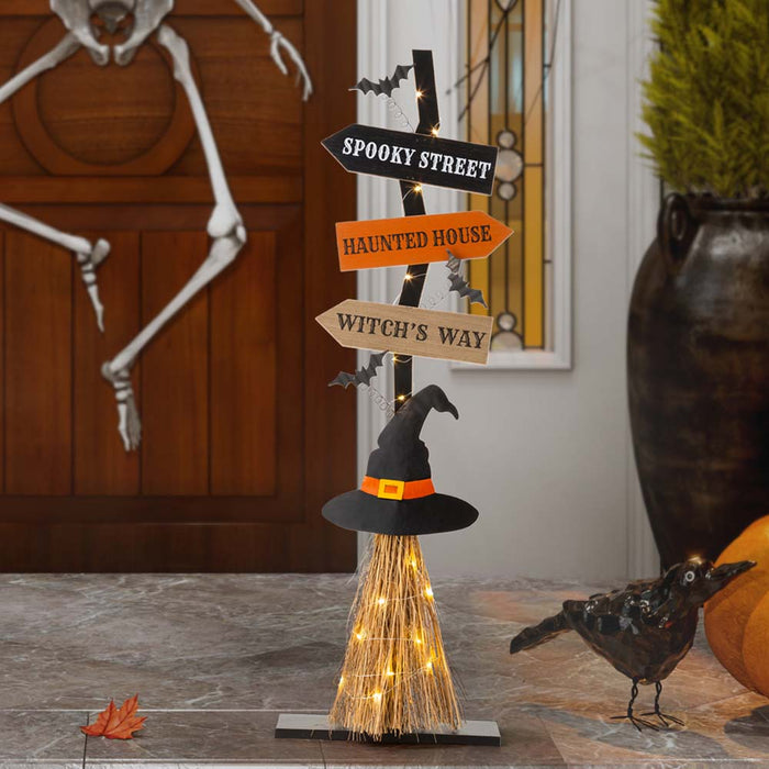 42"H Lighted Wooden Witch's Broom Porch Decor