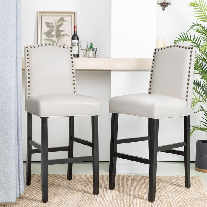 45"H Cream White Leatherette High-Back Barchair with Studded Decoration, Set of 2