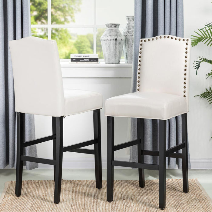 45"H Cream White Leatherette High-Back Barchair with Studded Decoration, Set of 2
