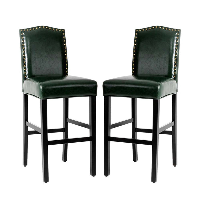 45"H Hunter Green PU Leather Upholstered Bar Chair with Studded Decor, Set of 2