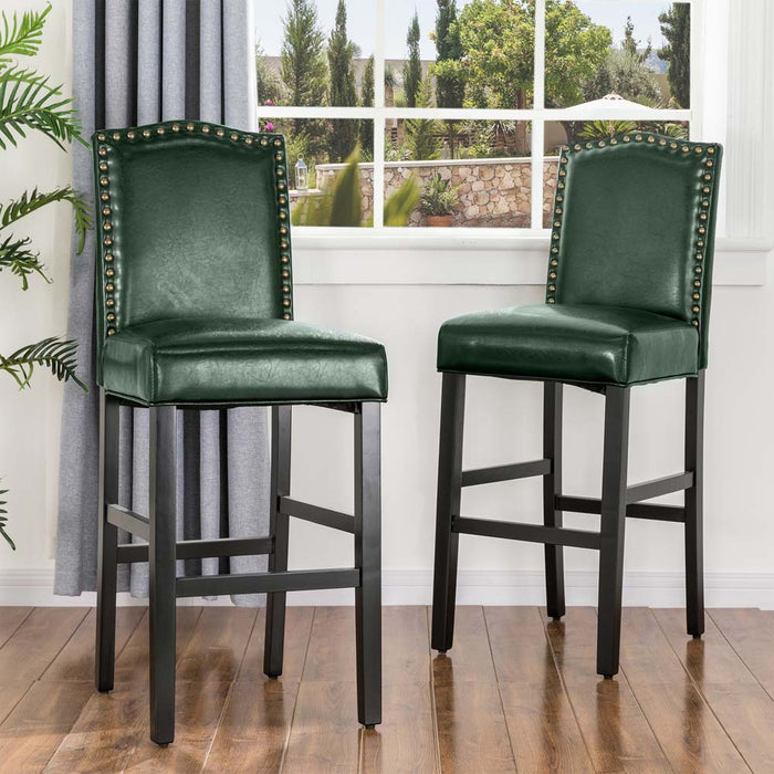 45"H Hunter Green PU Leather Upholstered Bar Chair with Studded Decor, Set of 2