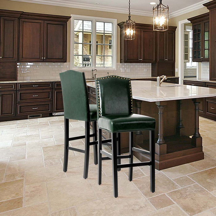 45"H Hunter Green PU Leather Upholstered Bar Chair with Studded Decor, Set of 2