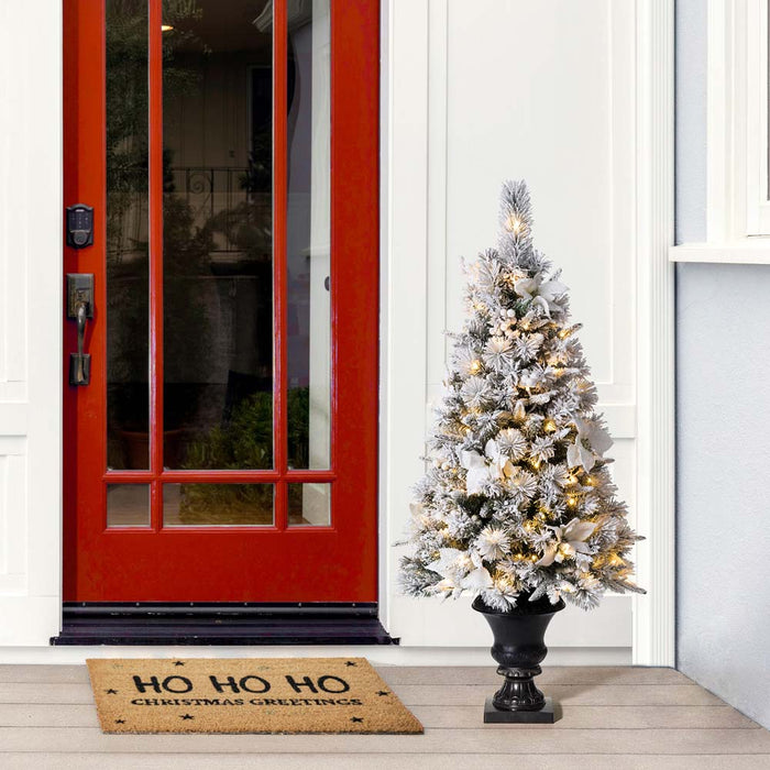4ft Pre-Lit Pine Artificial Christmas Porch Tree with 100 Warm White Lights and Poinsettias
