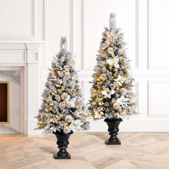 4ft Pre-Lit Pine Artificial Christmas Porch Tree with 100 Warm White Lights and Poinsettias
