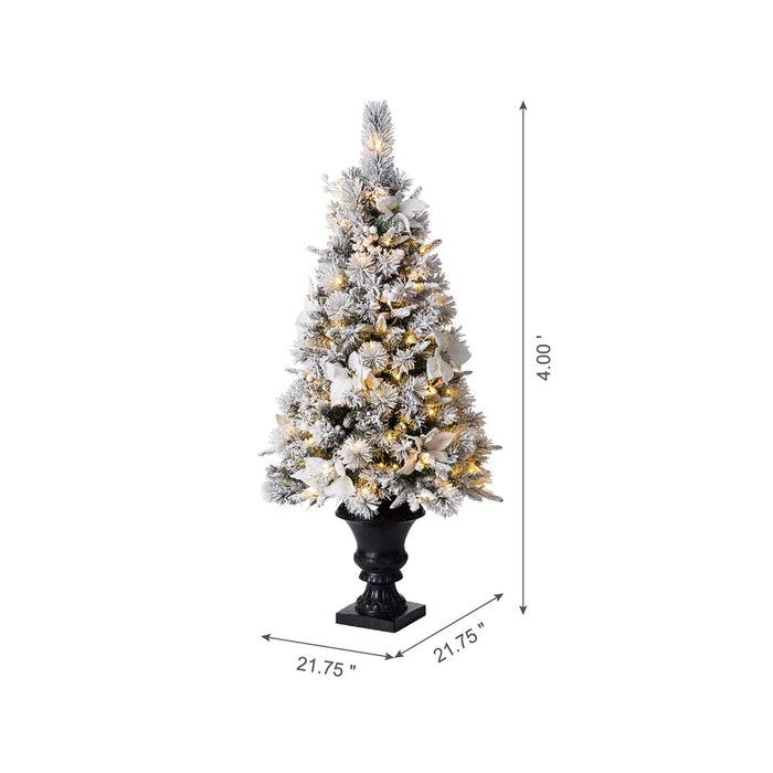 4ft Pre-Lit Pine Artificial Christmas Porch Tree with 100 Warm White Lights and Poinsettias