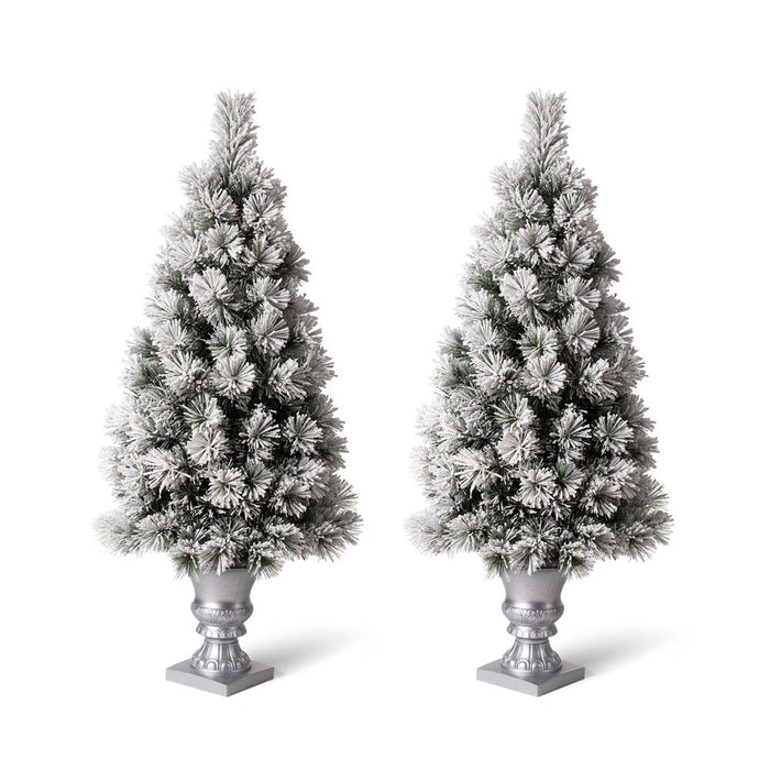 4ft Pre-Lit Snow Flocked Pine Artificial Christmas Porch Tree with 100 Warm White Lights, Set of 2