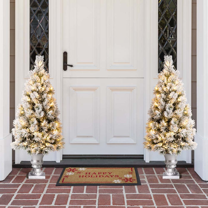 4ft Pre-Lit Snow Flocked Pine Artificial Christmas Porch Tree with 100 Warm White Lights, Set of 2