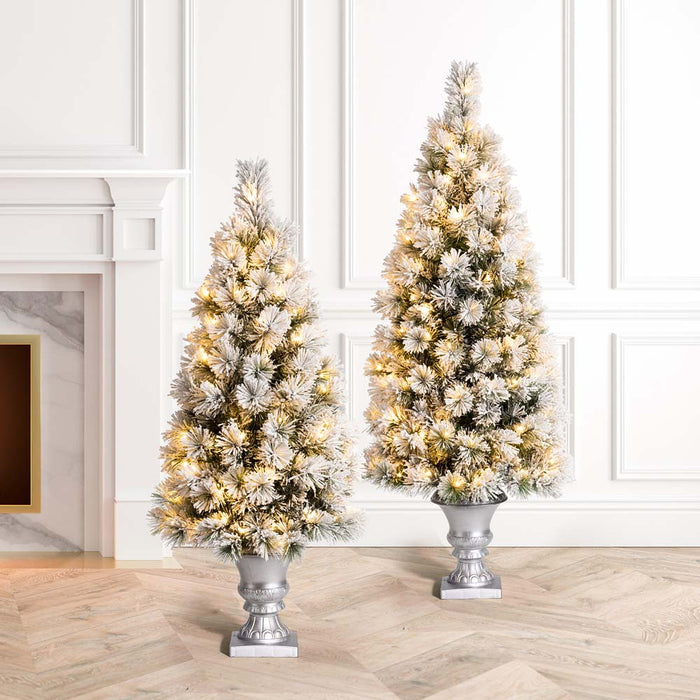 4ft Pre-Lit Snow Flocked Pine Artificial Christmas Porch Tree with 100 Warm White Lights, Set of 2