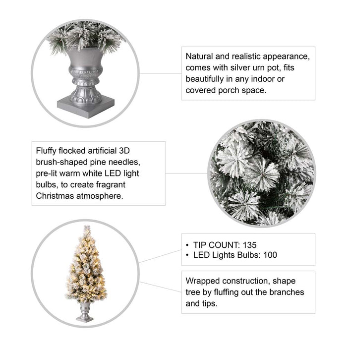 4ft Pre-Lit Snow Flocked Pine Artificial Christmas Porch Tree with 100 Warm White Lights, Set of 2