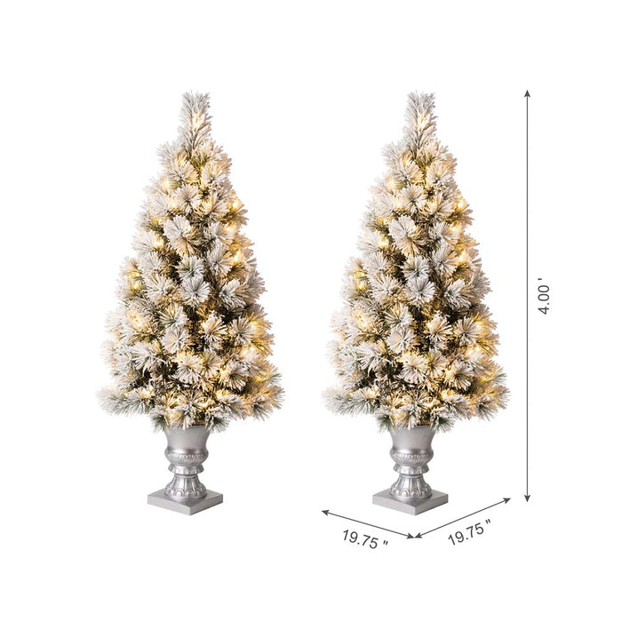 4ft Pre-Lit Snow Flocked Pine Artificial Christmas Porch Tree with 100 Warm White Lights, Set of 2