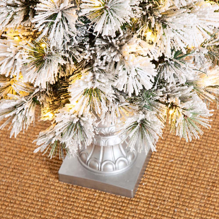 4ft Pre-Lit Snow Flocked Pine Artificial Christmas Porch Tree with 100 Warm White Lights, Set of 2