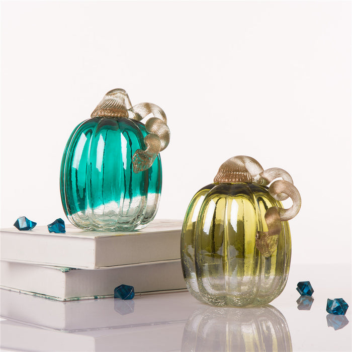5.51"H Hand Blown Green Crackle Glass Pumpkin Decor