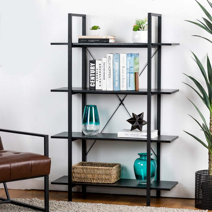 55"H Modern Industrial Black Wood/Metal 4-Tier Bookcases & Shelves