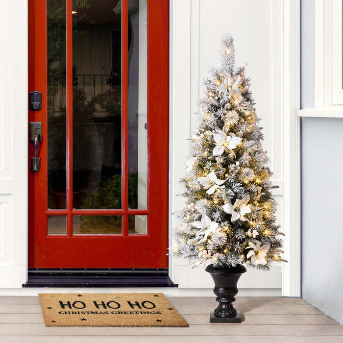 5ft Pre-Lit Pine Artificial Christmas Porch Tree with 150 Warm White Lights and Poinsettias