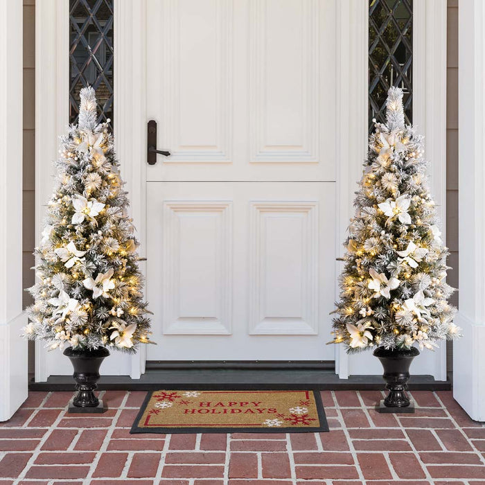 5ft Pre-Lit Pine Artificial Christmas Porch Tree with 150 Warm White Lights and Poinsettias