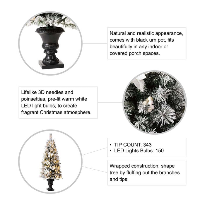 5ft Pre-Lit Pine Artificial Christmas Porch Tree with 150 Warm White Lights and Poinsettias